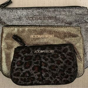 Victoria's Secret Silver, Gold, and Black Leopard Cosmetic Bag Set